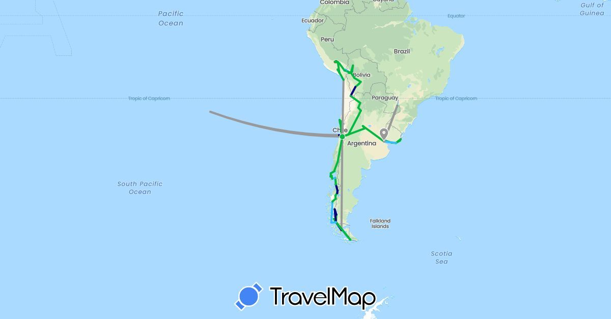 TravelMap itinerary: driving, bus, plane, cycling, train, hiking, boat in Argentina, Bolivia, Brazil, Chile, Peru, Uruguay (South America)